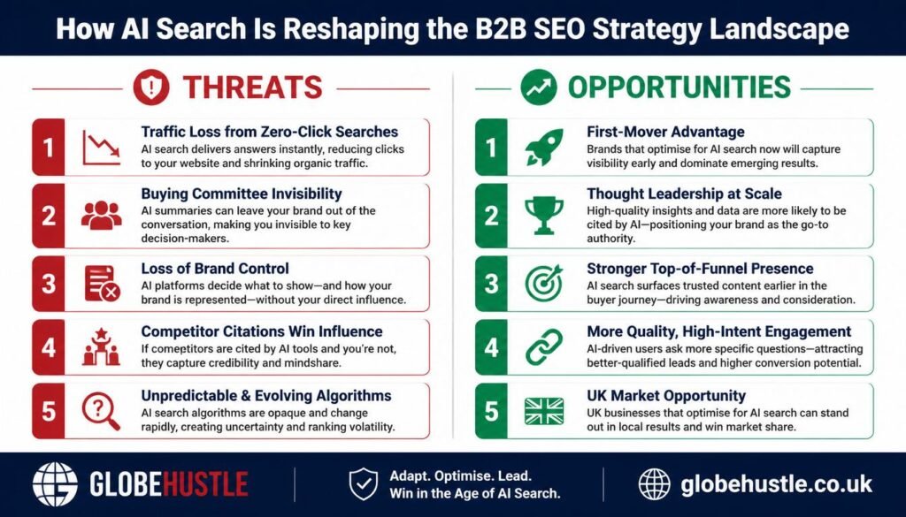Infographic showing 5 threats and 5 opportunities in B2B SEO strategy from AI search engines including traffic loss risks and first-mover advantages for B2B brands