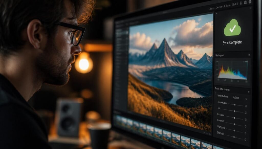 A professional photographer editing high-resolution images on a laptop with cloud backup status indicating sync complete.