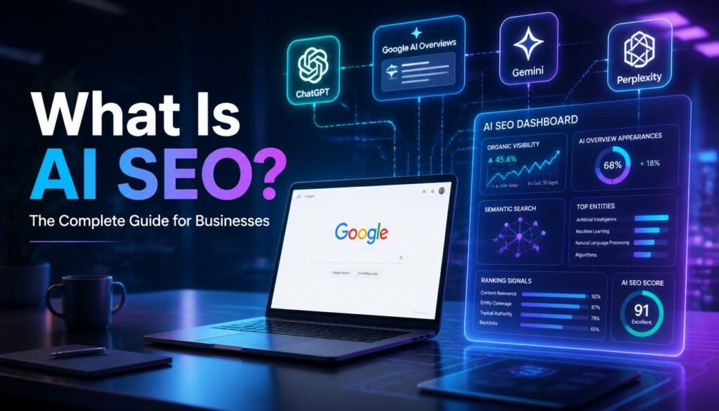 What Is AI SEO guide showing AI-powered search optimisation for Google AI Overviews, ChatGPT, Gemini and semantic SEO