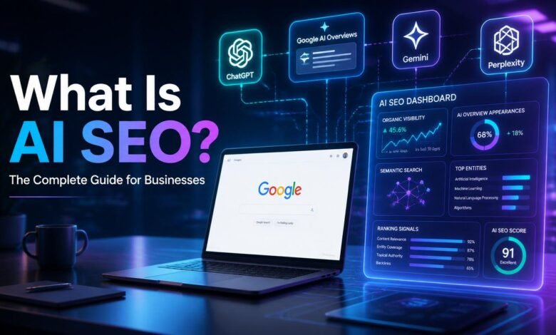 What Is AI SEO guide showing AI-powered search optimisation for Google AI Overviews, ChatGPT, Gemini and semantic SEO