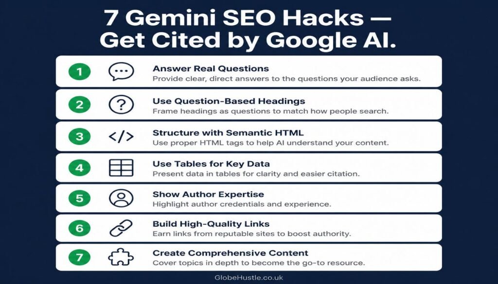 7 Gemini SEO optimisation hacks  step by step guide to get cited in Google AI Overview answers in 2026