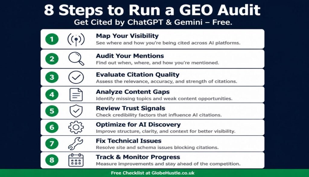 "8-step GEO audit process  how to check if ChatGPT and Gemini cite your website in AI search answers 2026"