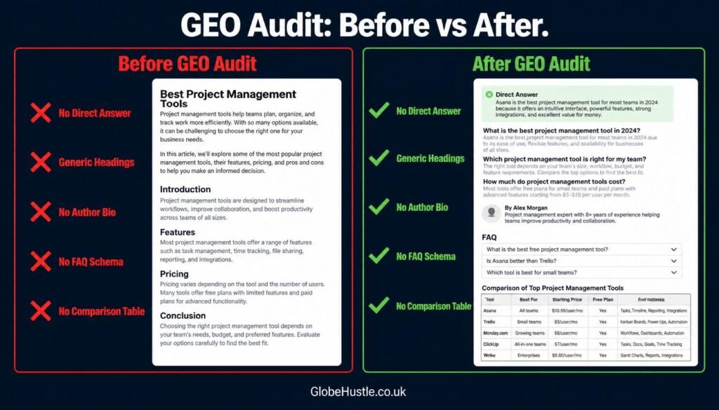 "Before and after GEO audit how to fix website content to get cited in ChatGPT, Gemini and Perplexity AI search answers in 2026"
