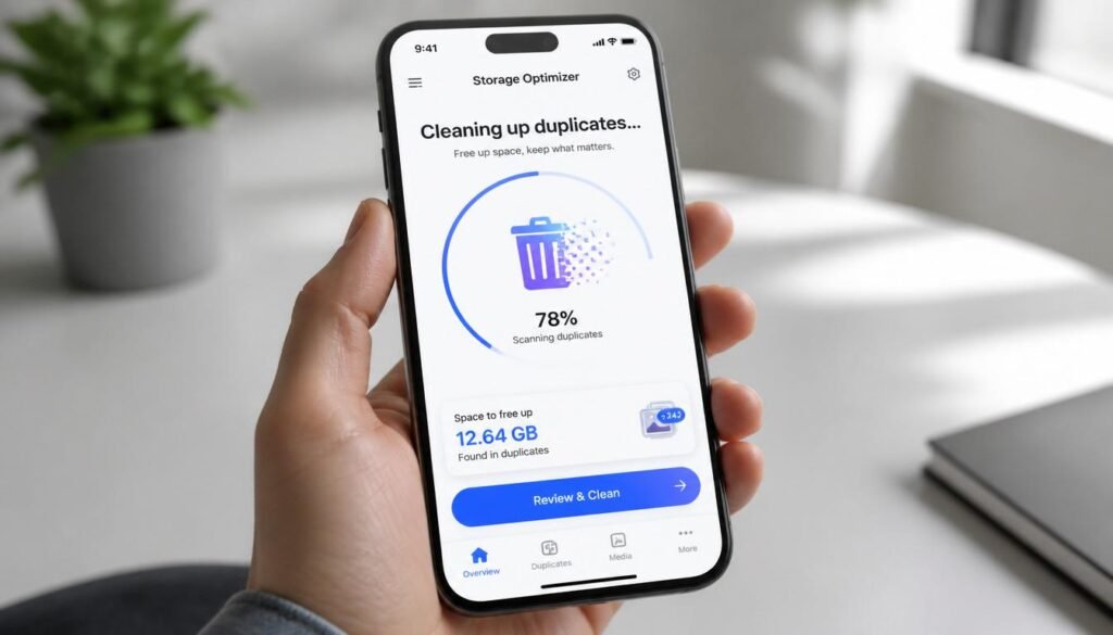 An organized smartphone interface showcasing low storage optimization and clearing duplicate media cache.
