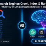 AI search engine optimisation diagram showing traditional Google search versus AI search engines crawling and indexing content for businesses