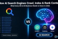 AI search engine optimisation diagram showing traditional Google search versus AI search engines crawling and indexing content for businesses