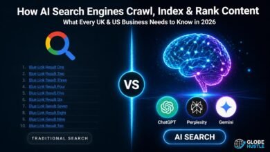 AI search engine optimisation diagram showing traditional Google search versus AI search engines crawling and indexing content for businesses