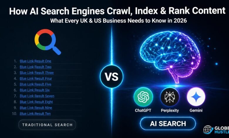 AI search engine optimisation diagram showing traditional Google search versus AI search engines crawling and indexing content for businesses