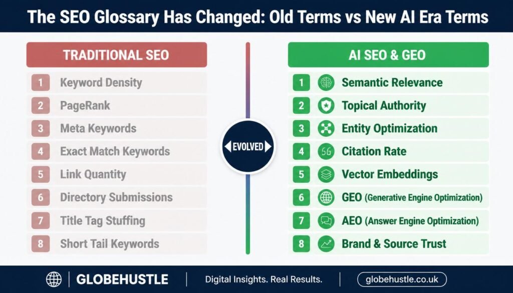 SEO glossary comparison showing traditional SEO terms versus new AI SEO and GEO terms including semantic relevance topical authority citation rate and vector embeddings for modern digital marketers