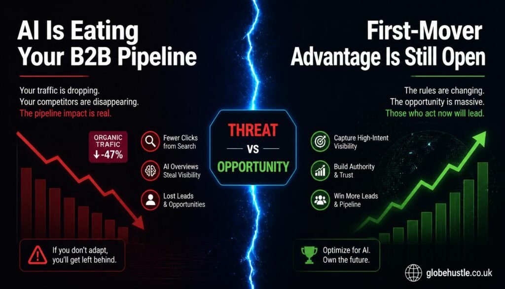 B2B SEO strategy in the AI era showing the threat of AI search to B2B brands versus the first-mover opportunity for businesses that adapt their B2B SEO strategy now