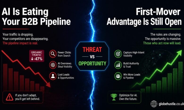 B2B SEO strategy in the AI era showing the threat of AI search to B2B brands versus the first-mover opportunity for businesses that adapt their B2B SEO strategy now