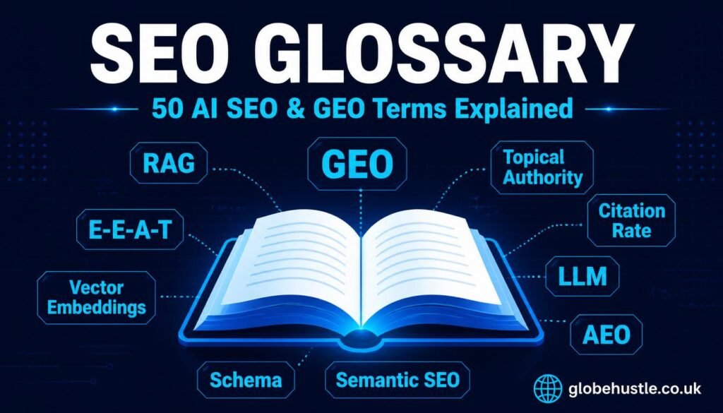 SEO glossary featuring 50 essential AI SEO and GEO terms including RAG vector embeddings topical authority and citation rate for UK and US marketers in 2026
