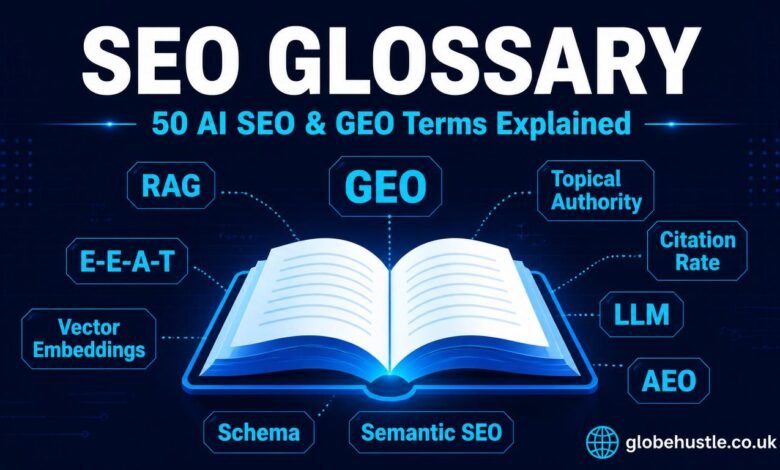 SEO glossary featuring 50 essential AI SEO and GEO terms including RAG vector embeddings topical authority and citation rate for UK and US marketers in 2026