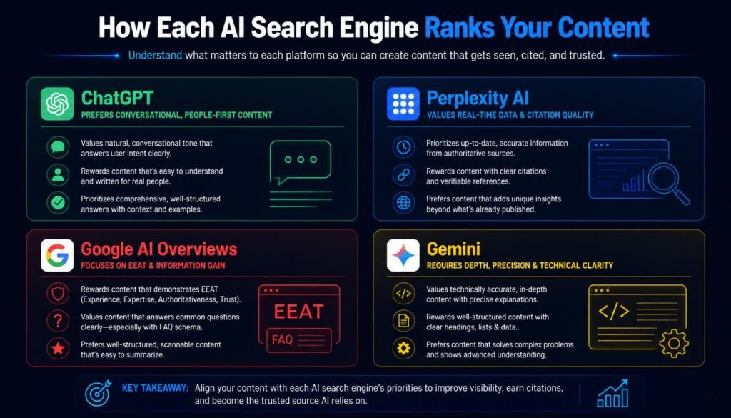 Comparison of AI search engine optimisation strategies for ChatGPT, Perplexity AI, Google AI Overviews and Gemini showing how each platform ranks and cites content