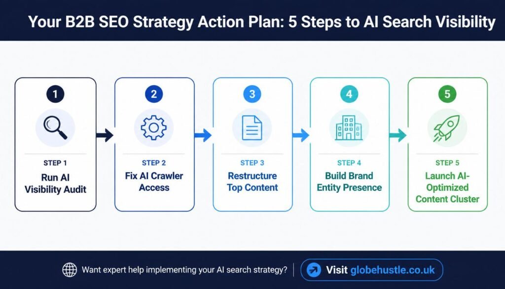 Five-step B2B SEO strategy action plan for AI search visibility showing audit crawl access content restructuring entity building and content cluster launch steps