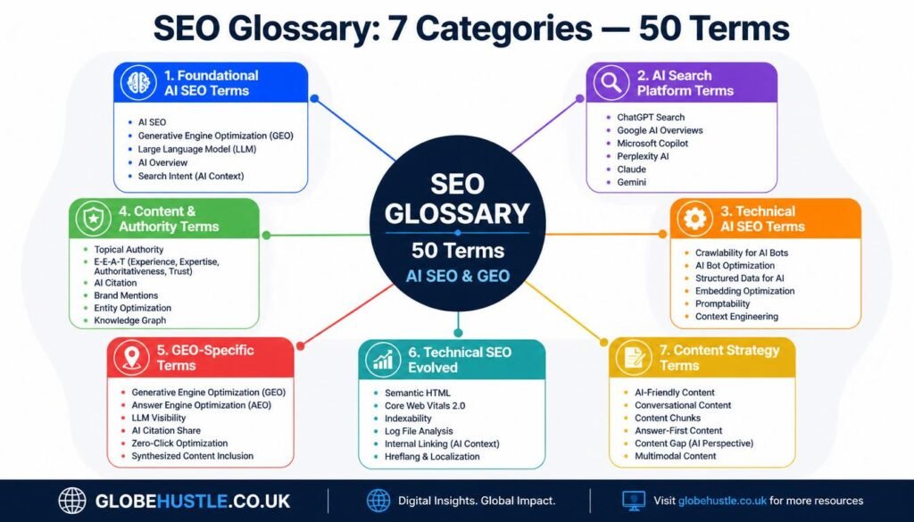 SEO glossary category map showing 7 groups of AI SEO and GEO terms including foundational concepts technical terms content authority and GEO-specific vocabulary for digital marketers