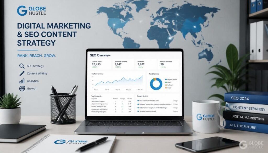 Professional modern workspace with a laptop displaying an SEO overview dashboard, a digital blue world map background, books on content strategy, and Globe Hustle branding.