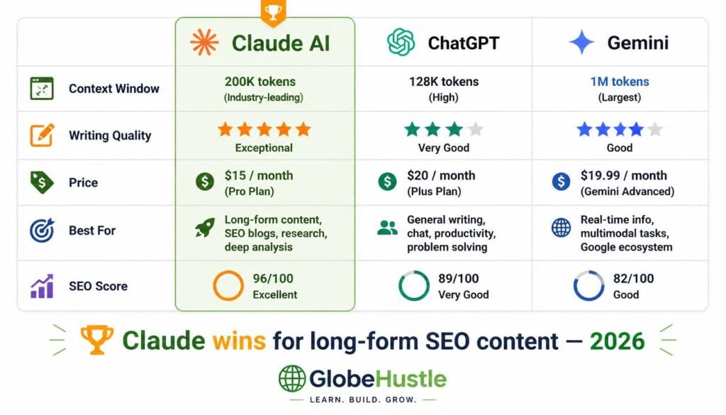 Claude AI vs ChatGPT vs Gemini SEO comparison infographic showing context window writing quality and price 2026