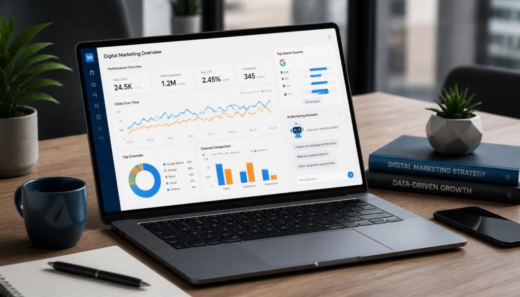 Best AI SEO tools for small business platform dashboard showing search metrics across Google and ChatGPT.