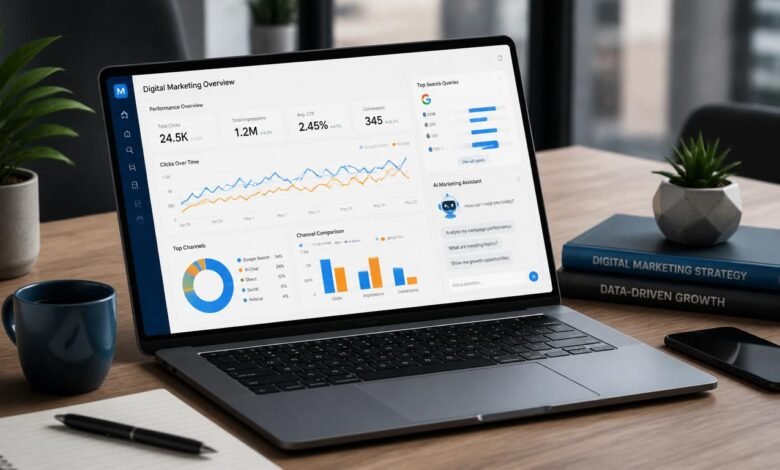 Best AI SEO tools for small business platform dashboard showing search metrics across Google and ChatGPT.