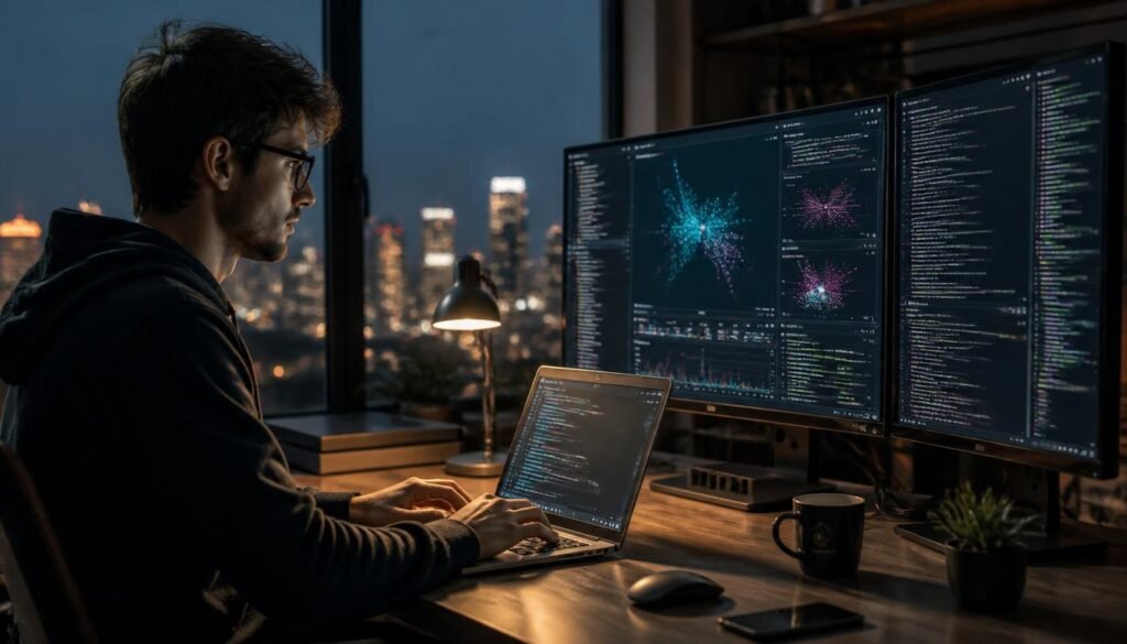 Professional data engineer working on advanced machine learning algorithms and code interfaces in a modern high-tech workspace