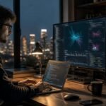 Professional data engineer working on advanced machine learning algorithms and code interfaces in a modern high-tech workspace