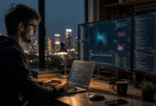 Professional data engineer working on advanced machine learning algorithms and code interfaces in a modern high-tech workspace
