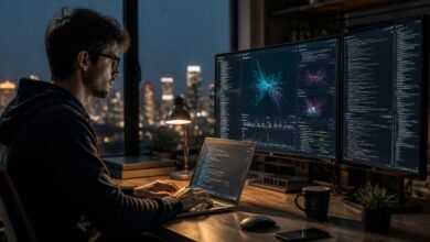 Professional data engineer working on advanced machine learning algorithms and code interfaces in a modern high-tech workspace