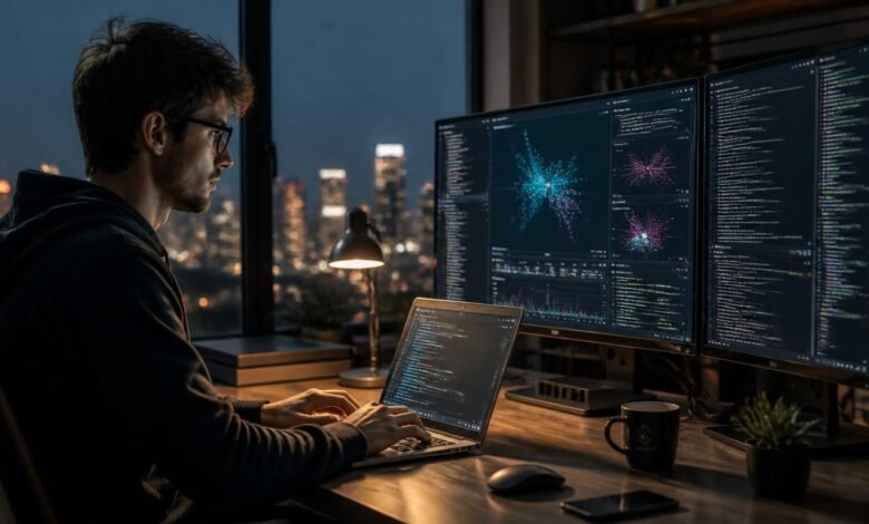 Professional data engineer working on advanced machine learning algorithms and code interfaces in a modern high-tech workspace