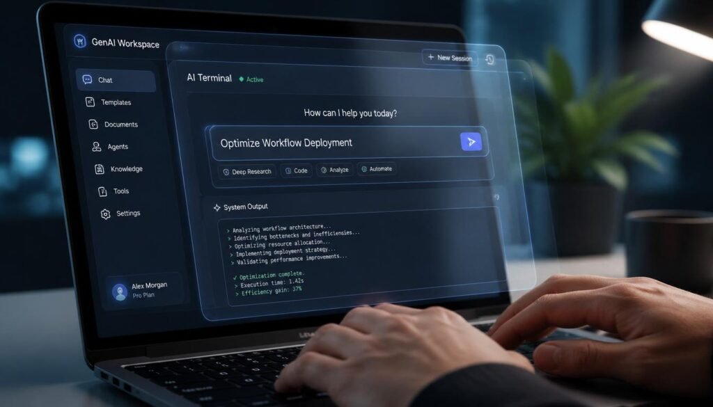 Close-up of a business professional typing advanced automation prompts into a generative AI tool on a laptop interface