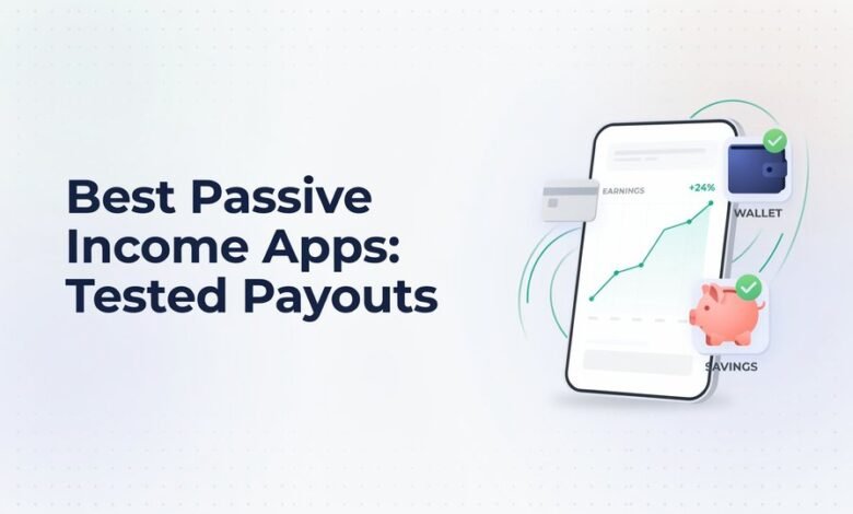 Infographic showcasing key evaluation factors for the best passive income apps on iOS and Android devices.