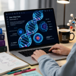 Best AI tools for biology students displaying DNA and cell models on a laptop
