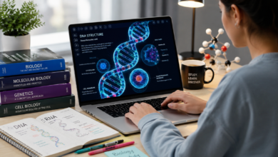 Best AI tools for biology students displaying DNA and cell models on a laptop