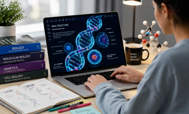 Best AI tools for biology students displaying DNA and cell models on a laptop