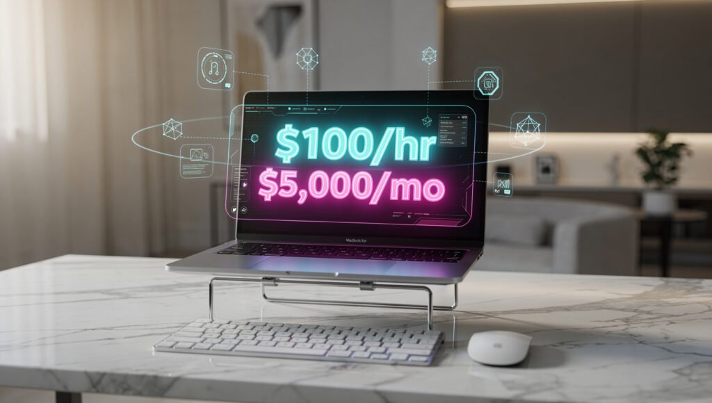 A professional workspace layout showcasing online AI training jobs for remote contractors earning from home without a tech degree.