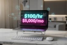 A professional workspace layout showcasing online AI training jobs for remote contractors earning from home without a tech degree.