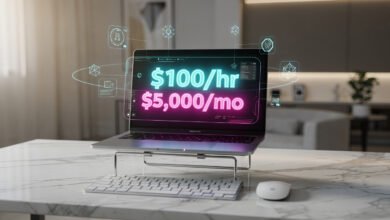 A professional workspace layout showcasing online AI training jobs for remote contractors earning from home without a tech degree.