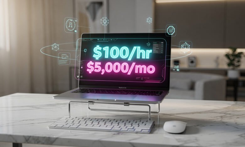 A professional workspace layout showcasing online AI training jobs for remote contractors earning from home without a tech degree.