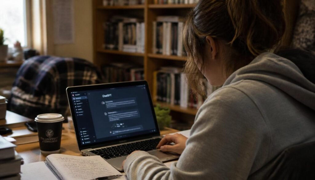 UK university student using AI tools on laptop for freelance side hustle income