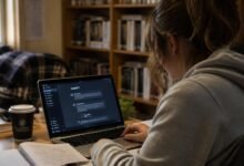 UK university student using AI tools on laptop for freelance side hustle income