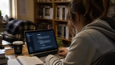UK university student using AI tools on laptop for freelance side hustle income