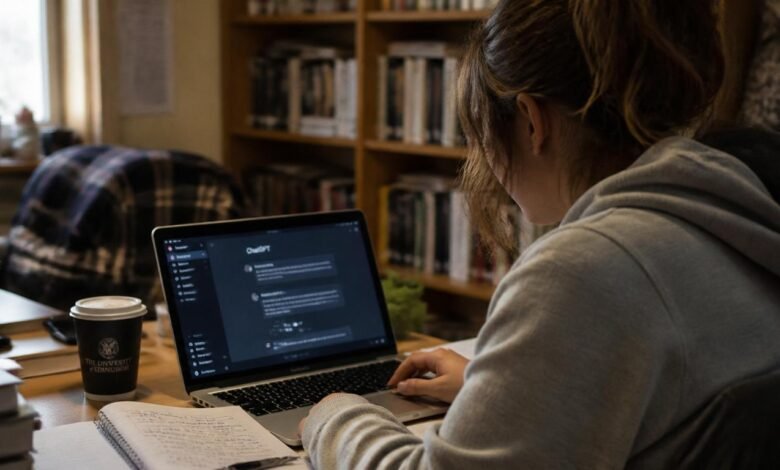 UK university student using AI tools on laptop for freelance side hustle income