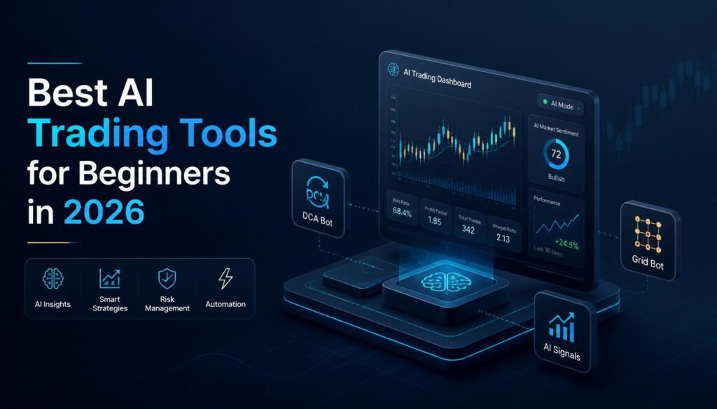 Comparison guide banner showing the best AI trading tools and automated bots for beginners in 2026