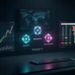 An abstract multi-agent AI trading system visualization showing a network of specialized analytical nodes over real-time financial stock charts and data streams.