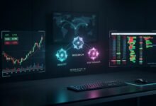 An abstract multi-agent AI trading system visualization showing a network of specialized analytical nodes over real-time financial stock charts and data streams.
