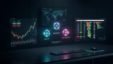 An abstract multi-agent AI trading system visualization showing a network of specialized analytical nodes over real-time financial stock charts and data streams.