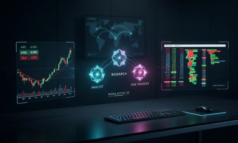 An abstract multi-agent AI trading system visualization showing a network of specialized analytical nodes over real-time financial stock charts and data streams.