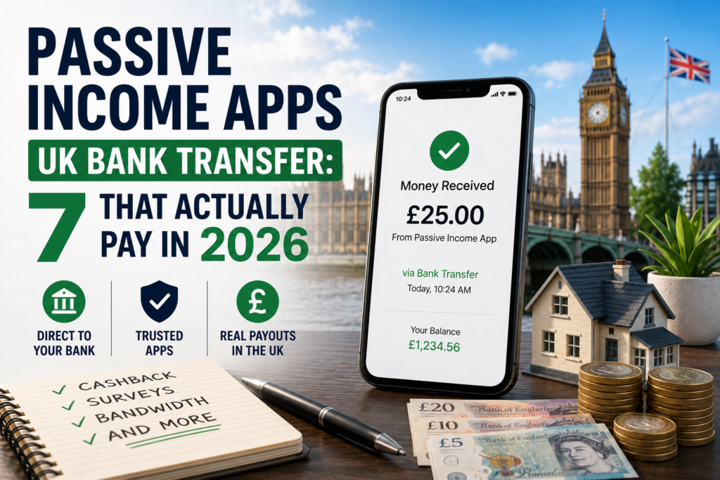 Passive income apps UK bank transfer showing UK bank payout, cashback apps and £ earnings in 2026