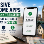 Passive income apps UK bank transfer showing UK bank payout, cashback apps and £ earnings in 2026