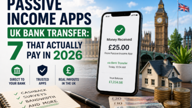 Passive income apps UK bank transfer showing UK bank payout, cashback apps and £ earnings in 2026